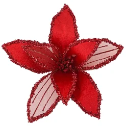 Outlet Christmas Forever POINSETTIA HEAD RED 9″ VELVET SHEER W/ CLIP