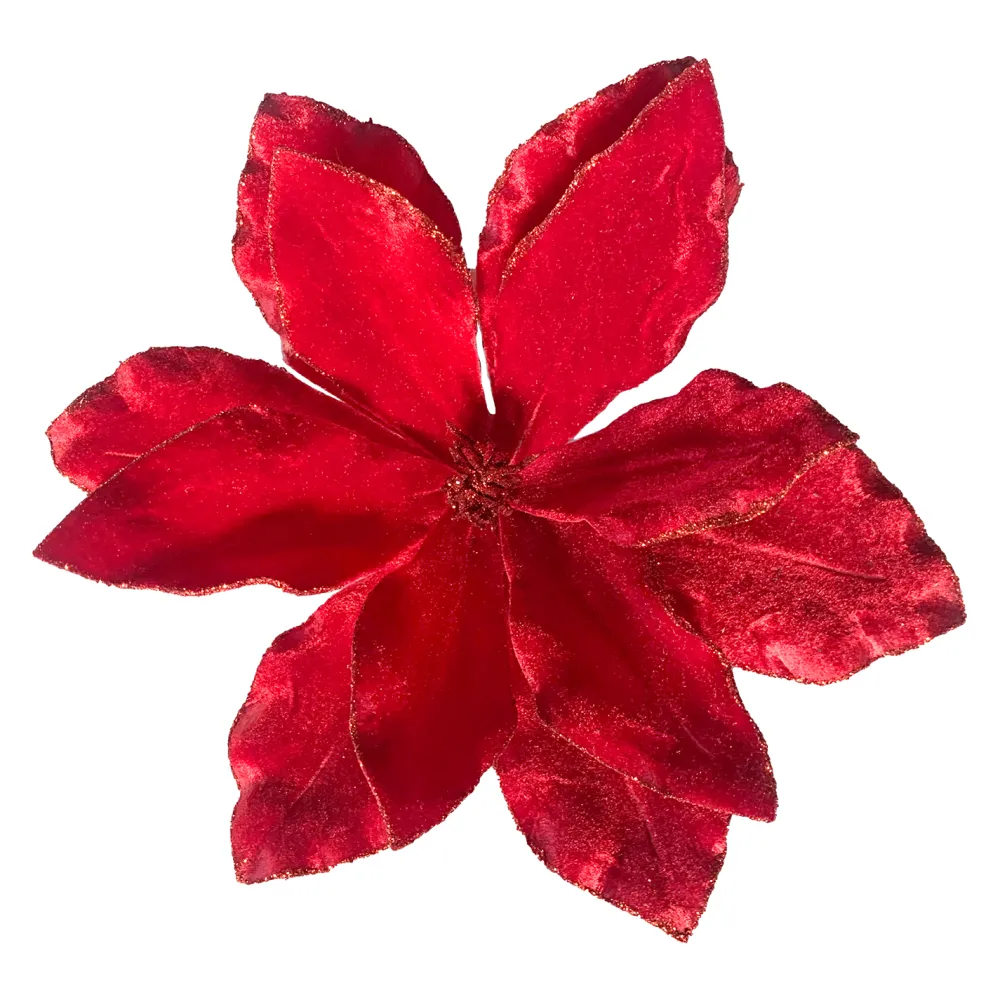 Online Christmas Forever POINSETTIA HEAD RED 10.5″ VELVET W/ GLITTER EDGE & CLIP