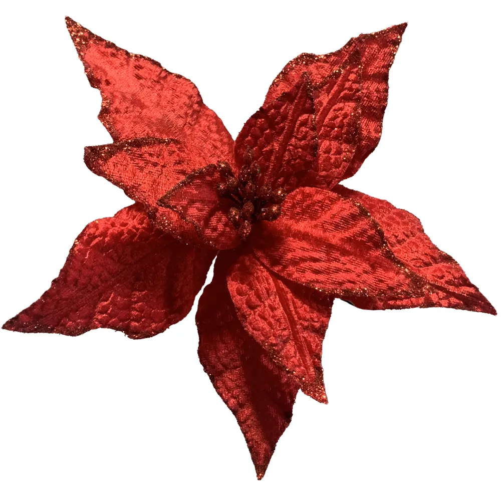 Outlet Christmas Forever POINSETTIA HEAD RED 7.5″ VELVET W/ GLITTER EDGE & CLIP