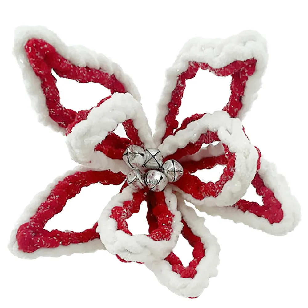 Clearance Christmas Forever POINSETTIA HEAD RED /WHITE 8.5″ HOLLOW PETALS W/ BELLS & CLIP