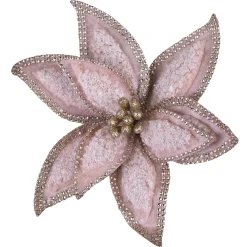 Clearance Christmas Forever POINSETTIA HEAD ROSE GOLD 11″ FLOCKED W/ SEQUINS BORDER & CLIP