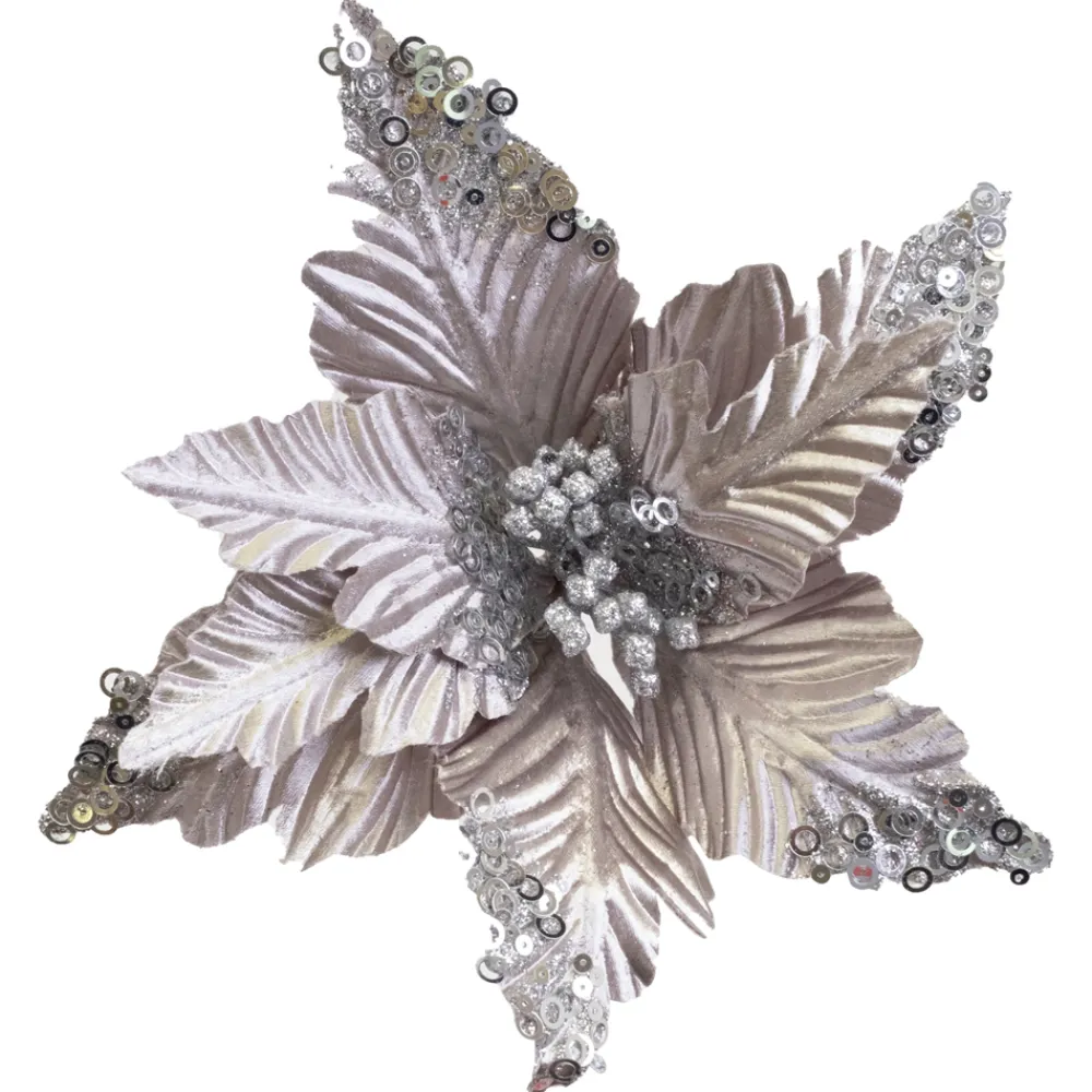 Hot Christmas Forever POINSETTIA HEAD SILVER 10″ EMBOSSED VELVET W/SEQUIN TIPS & CLIP