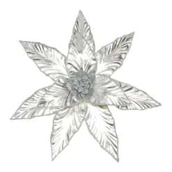 New Christmas Forever POINSETTIA HEAD SILVER 12″ METALLIC W/GLTR. & CLIP