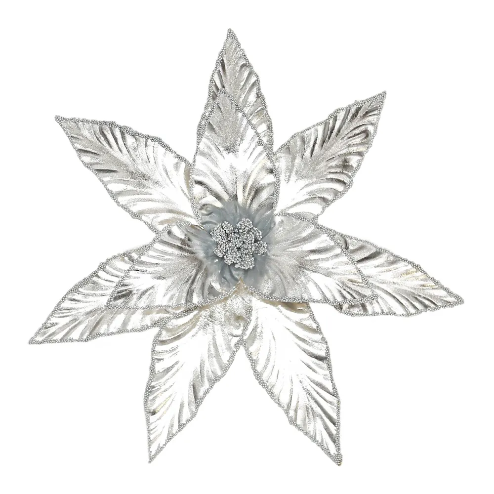 New Christmas Forever POINSETTIA HEAD SILVER 12″ METALLIC W/GLTR. & CLIP