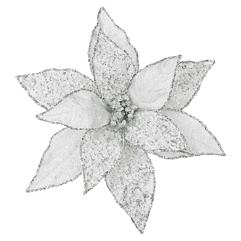 Online Christmas Forever POINSETTIA HEAD SILVER 11.5″ METALLIC ICED W/ CLIP