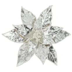 Sale Christmas Forever POINSETTIA HEAD SILVER 11″ METALLIC W/ CLIP
