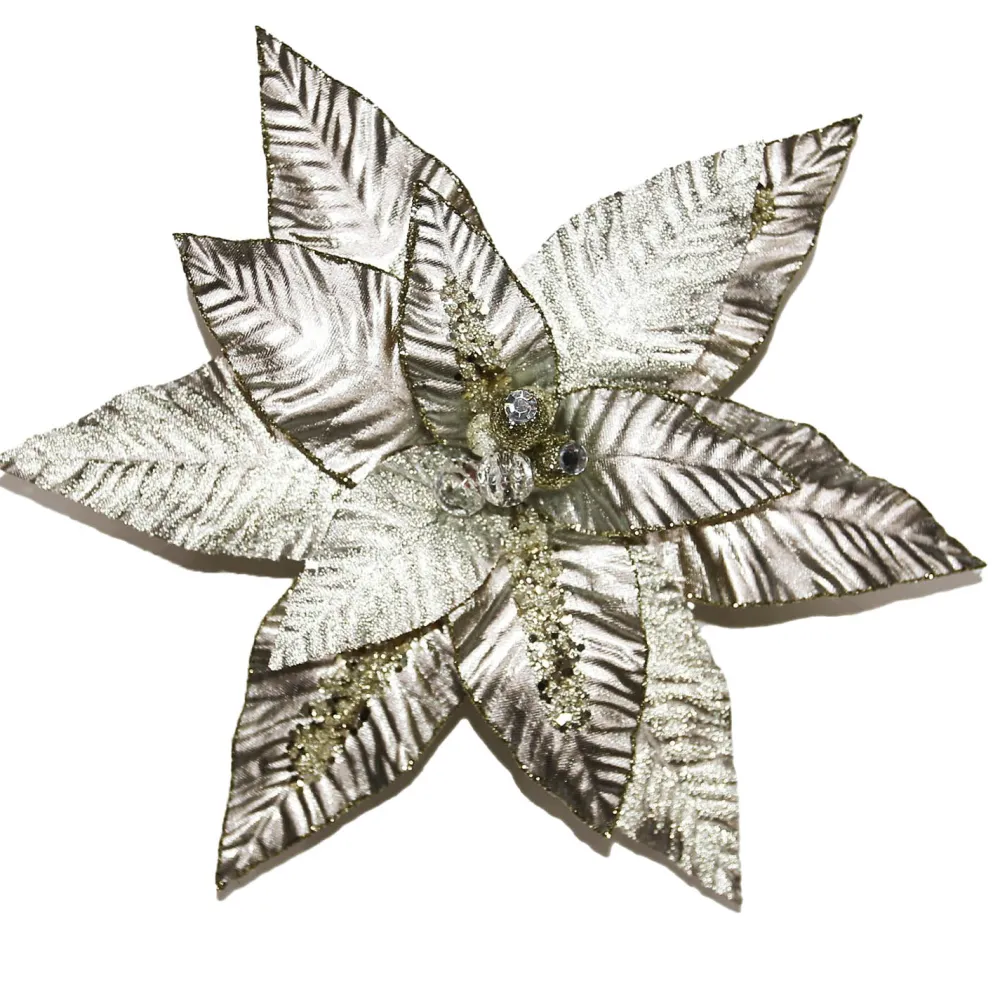 Outlet Christmas Forever POINSETTIA HEAD SILVER 12.5″ SHINY W/ GLTR W/CLIP