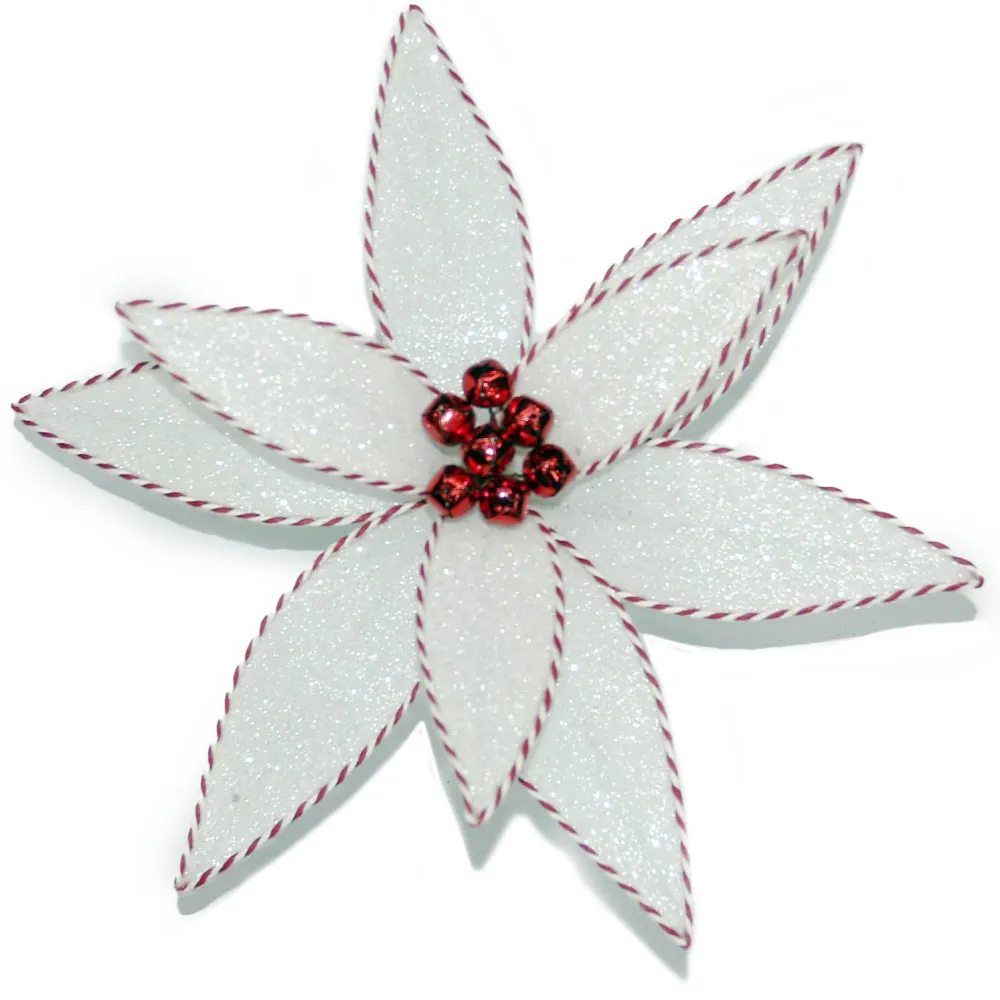 New Christmas Forever POINSETTIA HEAD WHITE 12″ GLITTER W/ RED/WHITE EDGE W/ CLIP