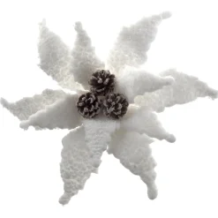 Clearance Christmas Forever POINSETTIA HEAD WHITE 11″ PLUSH FABRIC FROSTED W/ CONES & CLIP