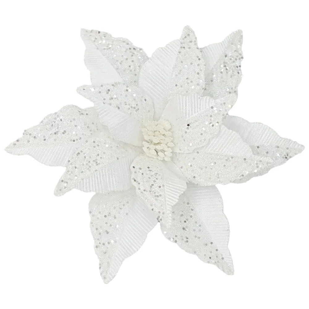 New Christmas Forever POINSETTIA HEAD WHITE 12″ VELVET GLITTER & CLIP