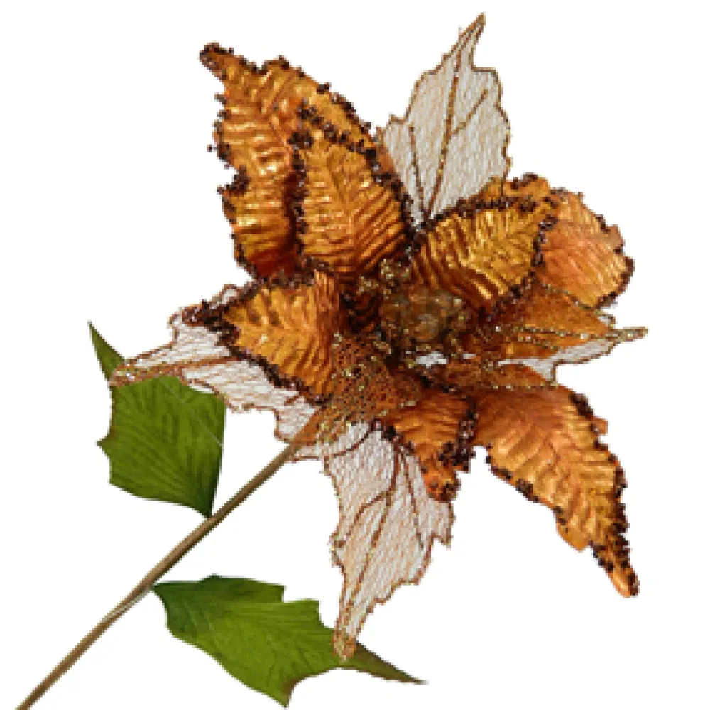 Clearance Christmas Forever POINSETTIA STEM COPPER 11″ HEAD METALLIC W/GLITTER TRIM