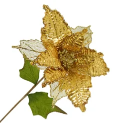 Hot Christmas Forever POINSETTIA STEM GOLD 11″ HEAD METALLIC W/GLITTER TRIM
