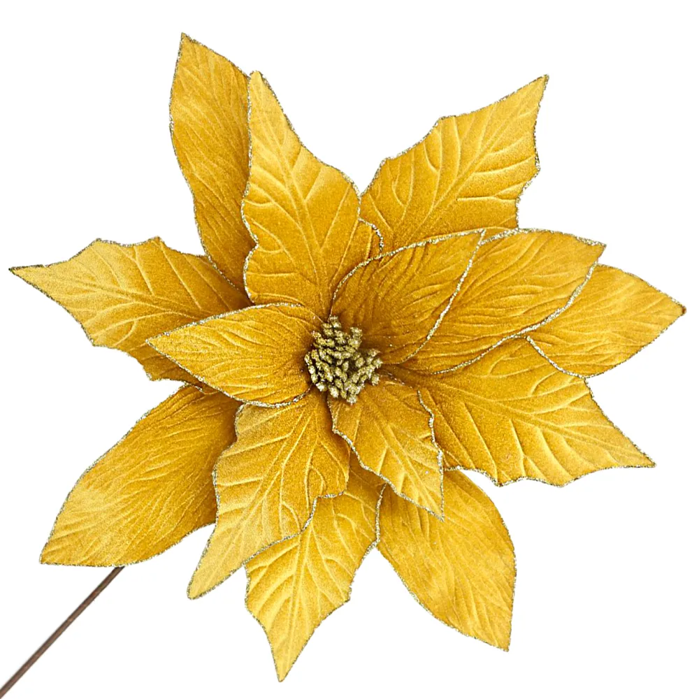 New Christmas Forever POINSETTIA STEM GOLD 18″ HEAD VELVET W/ 24″ STEM