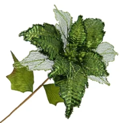New Christmas Forever POINSETTIA STEM GREEN 11″ HEAD METALLIC W/GLITTER TRIM