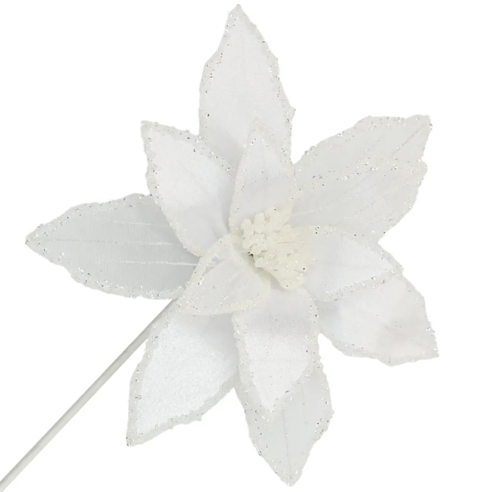 Clearance Christmas Forever POINSETTIA STEM WHITE 12″ HEAD VELVET SHEER W/ 20″ STEM