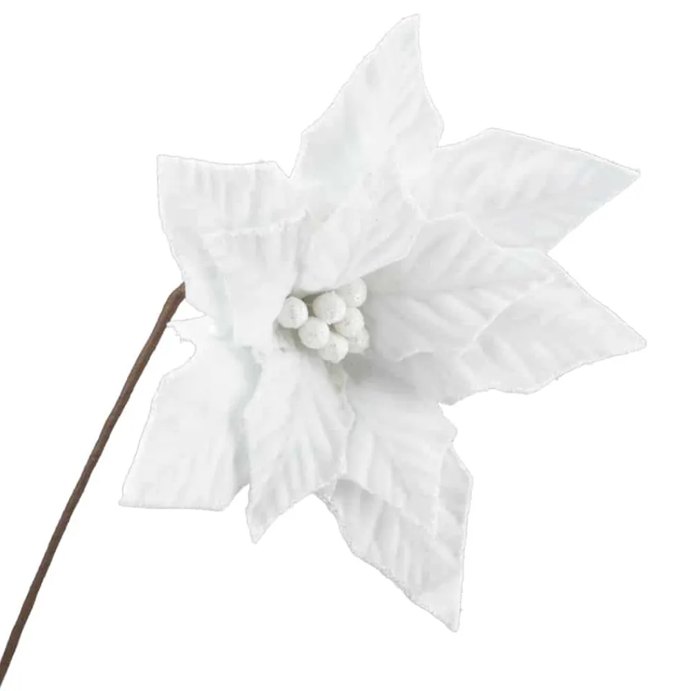 Discount Christmas Forever POINSETTIA STEM WHITE 20″ VELVET W/ GLITTER EDGE