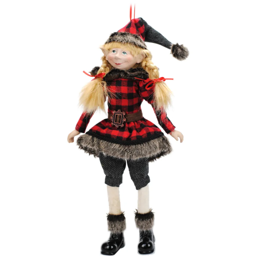 Hot Christmas Forever POSABLE ELF 18″ GIRL RED/ BLACK PLAID W/ FUR TRIM