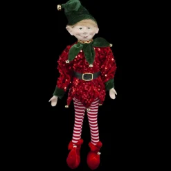 Hot Christmas Forever POSABLE ELF BOY 18″ RED SEQUIN W/ GREEN HAT