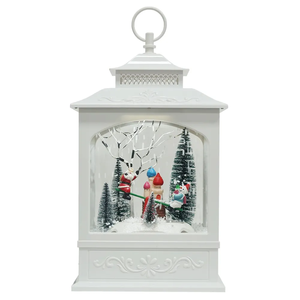 Clearance Christmas Forever RETRO LANTERN WITH SANTA & SNOWMAN SEE-SAW SNOWING SCENE 17″