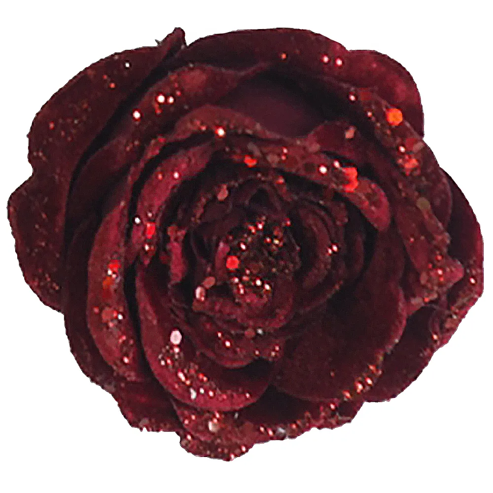 Sale Christmas Forever ROSE HEAD BURGUNDY 5″ CARDED W/ GLITTER & CLIP