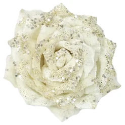 Outlet Christmas Forever ROSE HEAD IVORY 4.5″ VELVET W/ GLITTER & CLIP