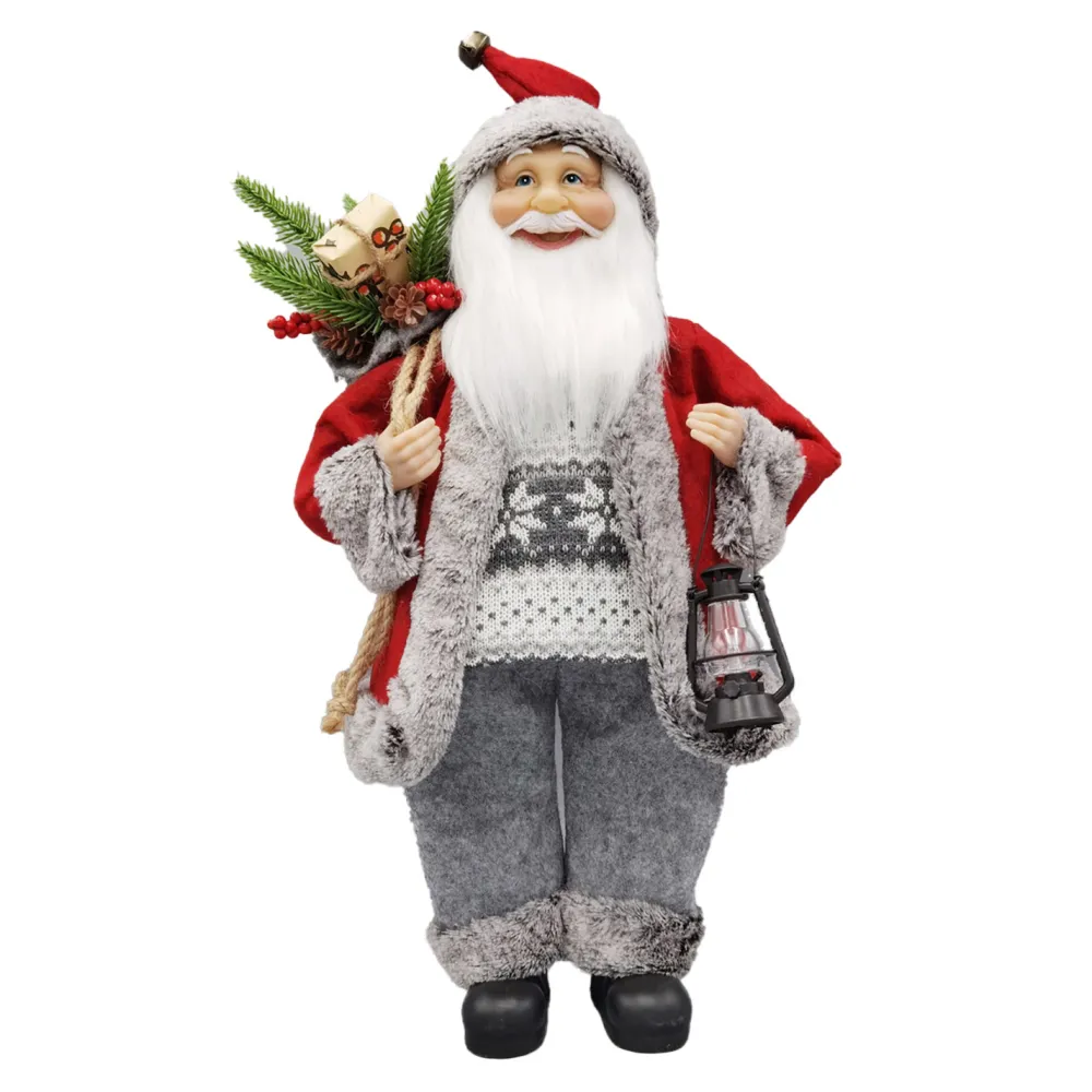 Sale Christmas Forever SANTA STANDING 18″ W/ SACK & LANTERN RED/GRAY