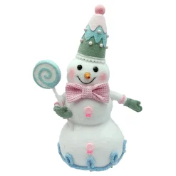 Best Christmas Forever SNOWMAN HOLDING LOLLIPOP 15.5″ PINK/BLUE W/ GLITTER & COLORFUL BALL DECOR