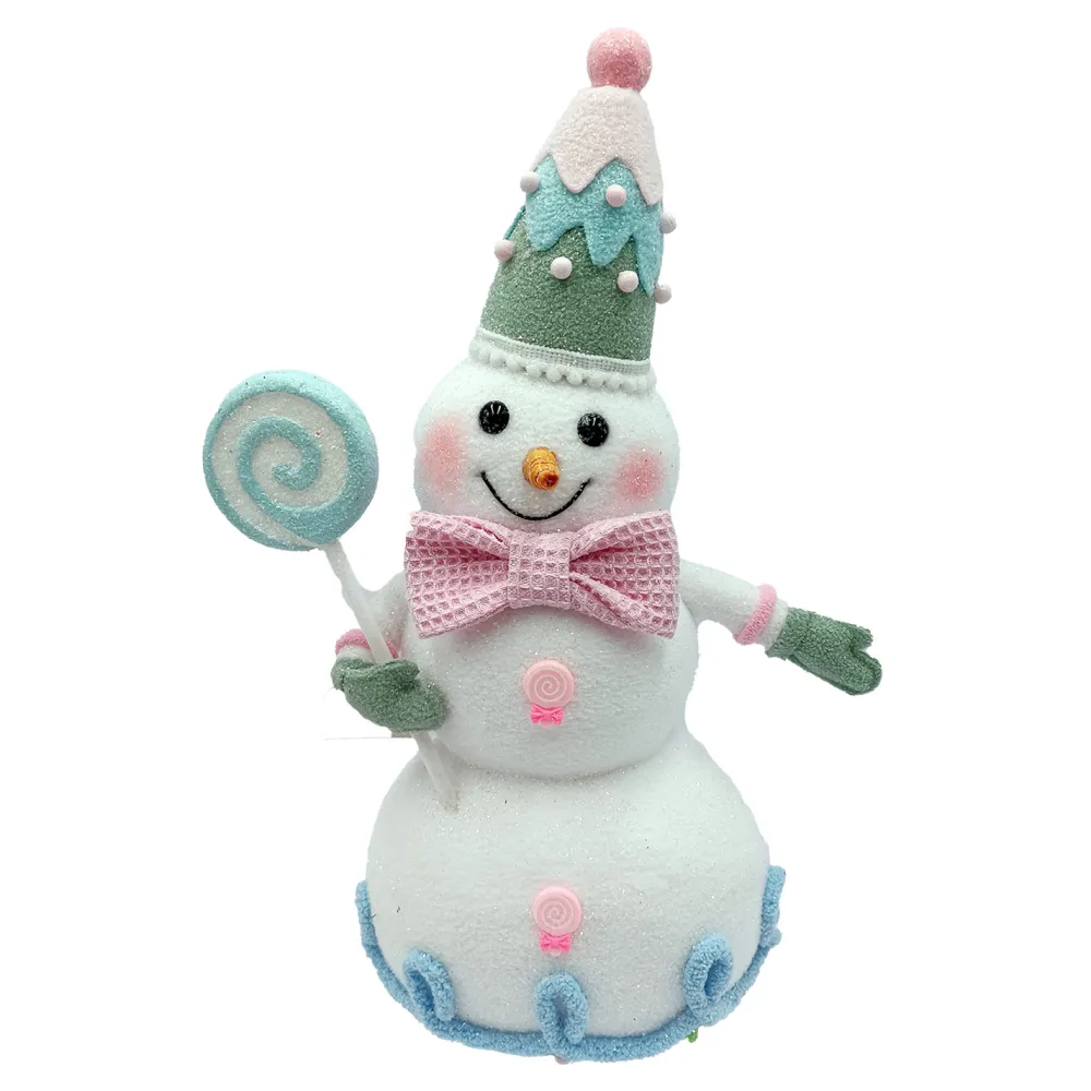 Best Christmas Forever SNOWMAN HOLDING LOLLIPOP 15.5″ PINK/BLUE W/ GLITTER & COLORFUL BALL DECOR