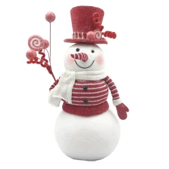 Best Christmas Forever SNOWMAN STANDING 14.5″ RED/WHITE HOLDING SWIRLS GLITTER