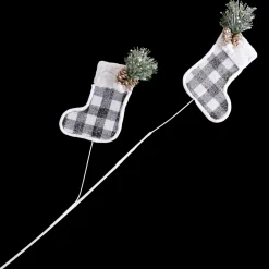 Discount Christmas Forever SPRAY FABRIC 26″ STOCKINGS BLK/WHT CHECK W/GRNS & PINECONES FROSTED