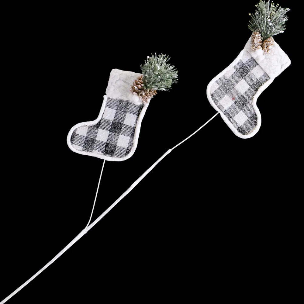 Discount Christmas Forever SPRAY FABRIC 26″ STOCKINGS BLK/WHT CHECK W/GRNS & PINECONES FROSTED