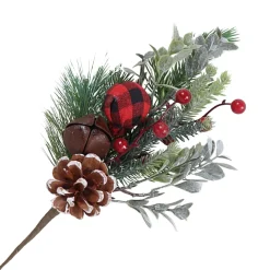 Sale Christmas Forever SPRAY FLOCKED PINE 12″ RED PLAID BALL W/ BELLS & CONE