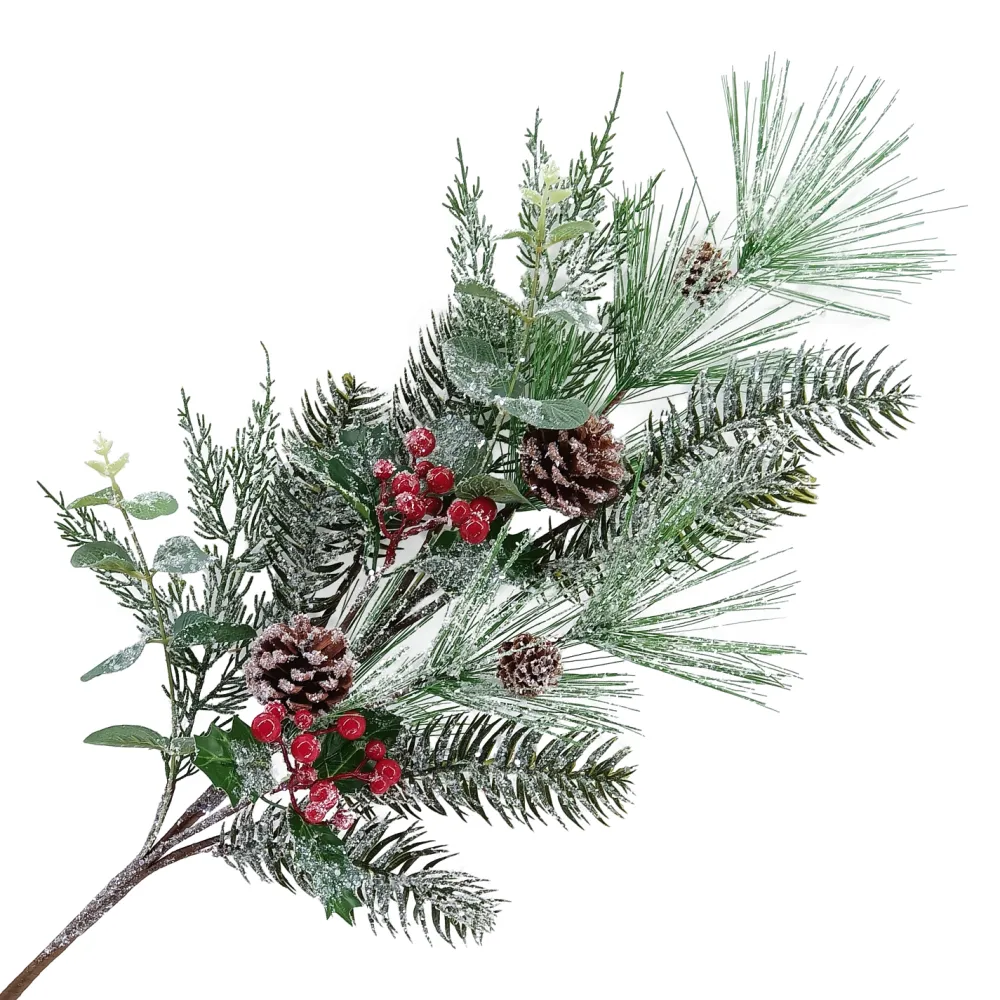 Best Christmas Forever SPRAY FROSTED MIXED PINE 35.5″ GREEN W/ CONES & BERRIES