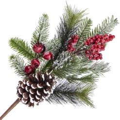 New Christmas Forever SPRAY FROSTED PINE 16″ RED BERRY W/ MIXED NEEDLE PINE & CONE