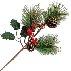 New Christmas Forever SPRAY GRN PINE 17″ GREEN/RED W/ BERRIES, HOLLY LEAF & PINE CONE, GLITTER