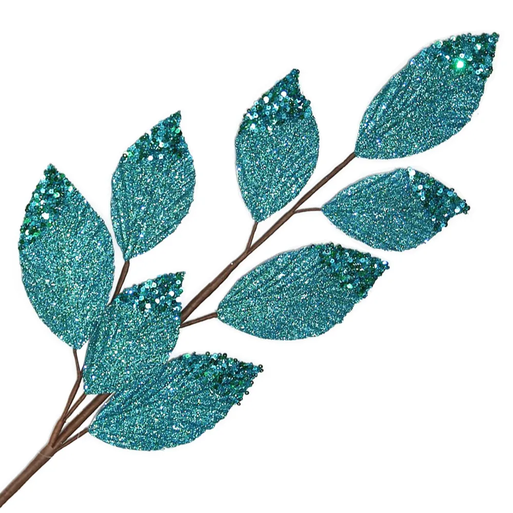 Sale Christmas Forever SPRAY LEAVES FABRIC 27.5″ PEACOCK GREEN FABRIC | GLITTER