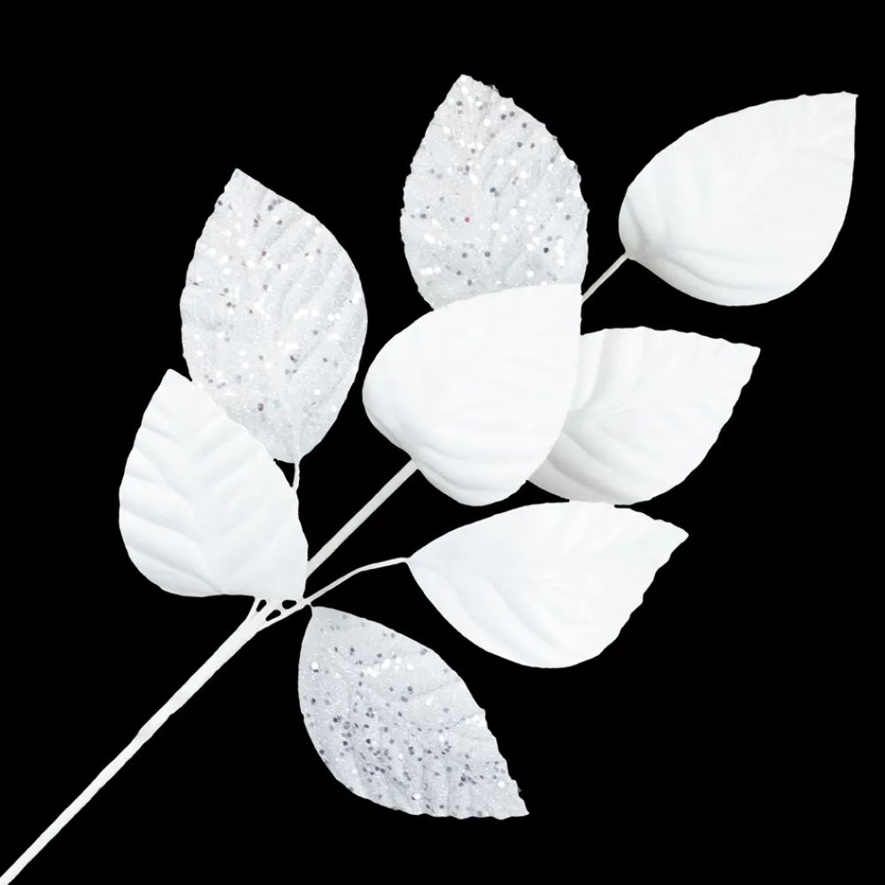 Clearance Christmas Forever SPRAY LEAVES FABRIC 29″ WHITE AND SILVER GLITTER LEAVES