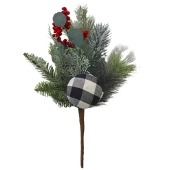 Clearance Christmas Forever SPRAY PINE 16″ BALL/FLOCKED MIXED PINE W/PLAID (BLK&GREY)/RED BALLS
