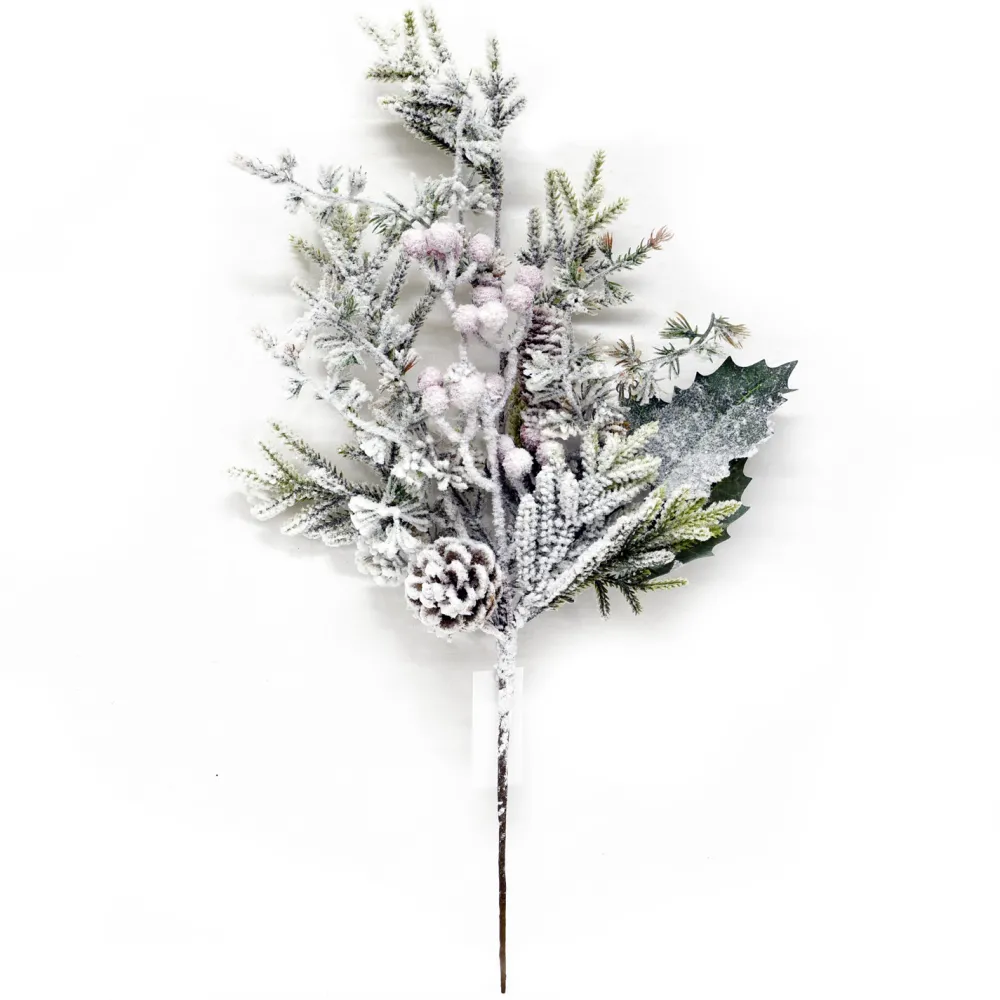 Hot Christmas Forever SPRAY PINE FLOCKED 20″ FLOCKED MIXED GREENS W/ BERRIES & 2 PINE CONES