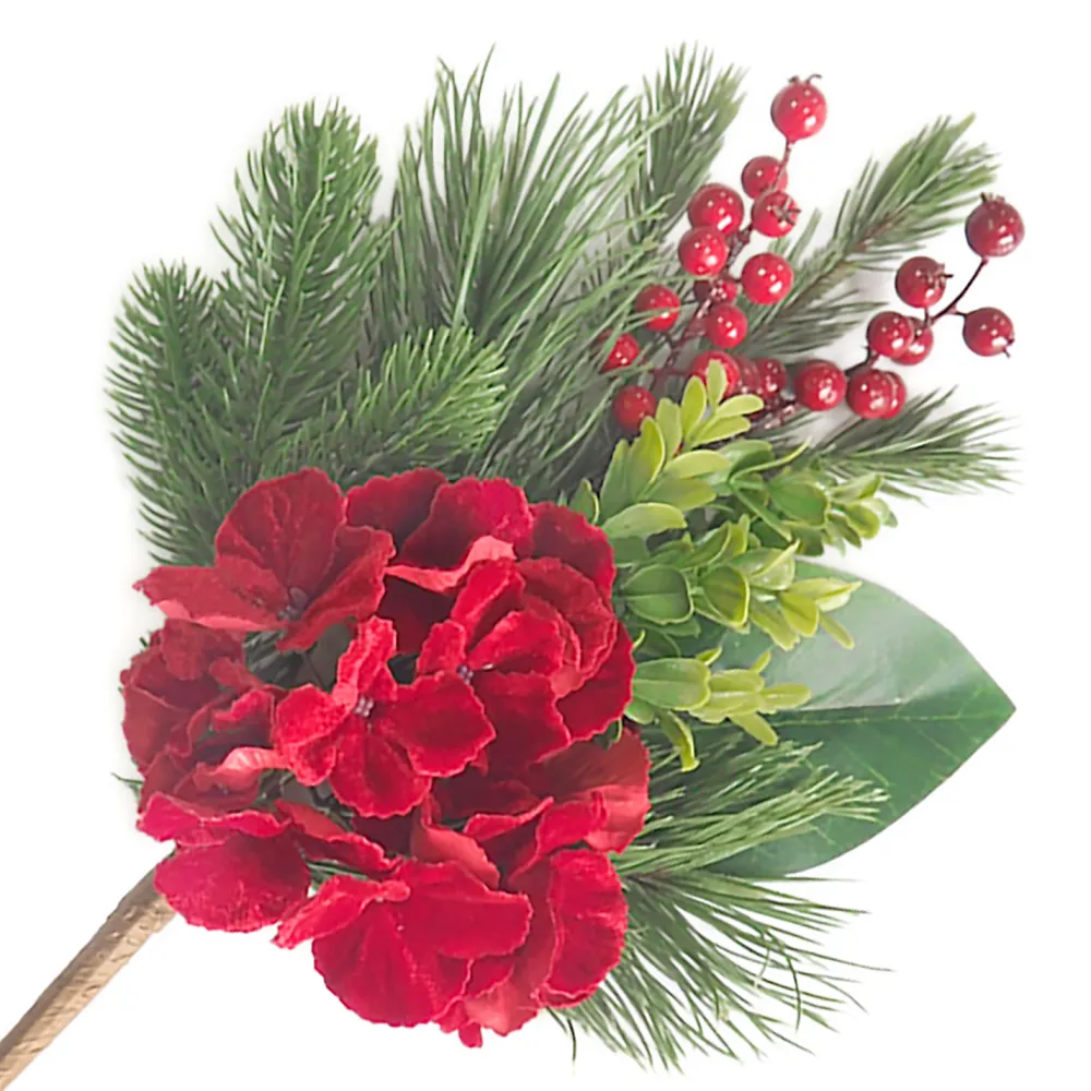 Sale Christmas Forever SPRAY RED HYDRANGEA 16″ /LOTUS POD W/ MIXED GREENERY & RED BERRIES