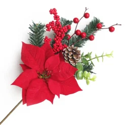 Discount Christmas Forever SPRAY RED POINSETTIA 16″ BERRY, EUCALYTUS, CONE