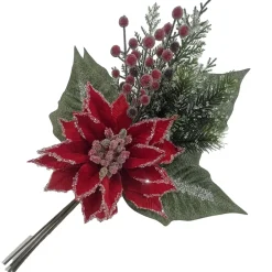 Sale Christmas Forever SPRAY RED POINSETTIA 20″ DLX VELVET W/ICED EDGE, MIXED GREENERY & ICED RED ERRIES