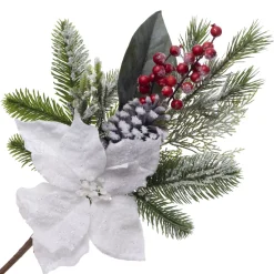 Hot Christmas Forever SPRAY WHITE POINSETTIA 16″ FROASTED W/ MIXED GREENS & RED BERRIES