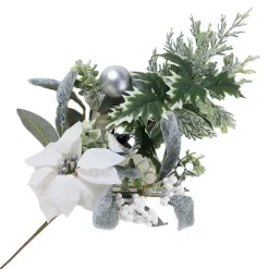 Discount Christmas Forever SPRAY WHITE POINSETTIA 24″ MIXED GREENERY W/ PINECONES & SILVER BALLS