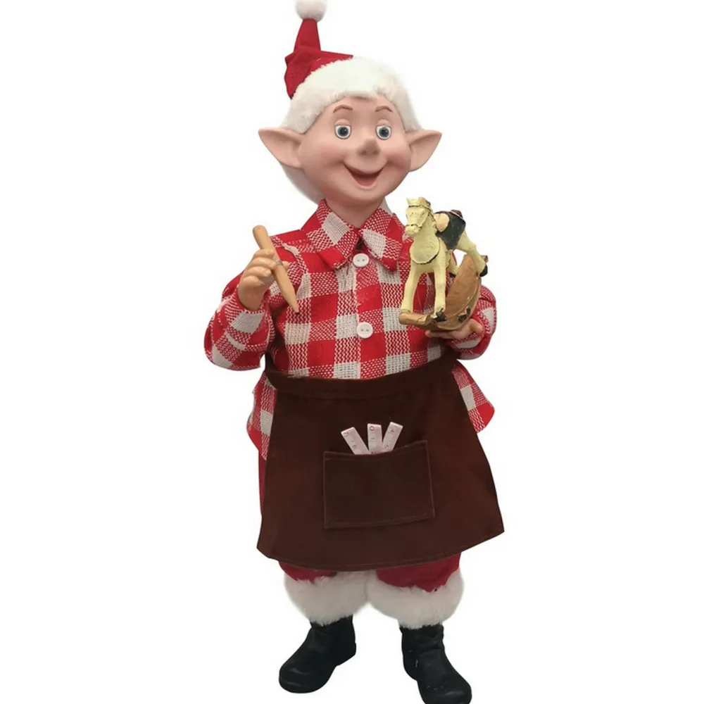 Best Christmas Forever STANDING ELF 15″ RED/ WHITE CARPENTER HOLDING ROCKING HORSE