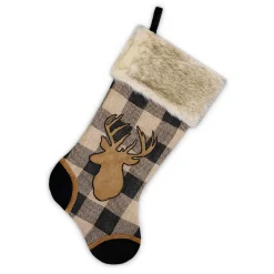 Hot Christmas Forever STOCKING 20.5″ BLACK/ BEIGE BURLAP PLAID & CORDUROY WITH FAUX FUR CUFF- DEER