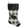 Online Christmas Forever STOCKING 20.5″ BLACK/ CREAM BURLAP PLAID & SUEDE WITH FAUX FUR CUFF- BEAR