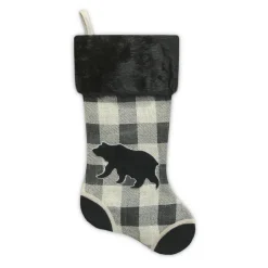 Online Christmas Forever STOCKING 20.5″ BLACK/ CREAM BURLAP PLAID & SUEDE WITH FAUX FUR CUFF- BEAR