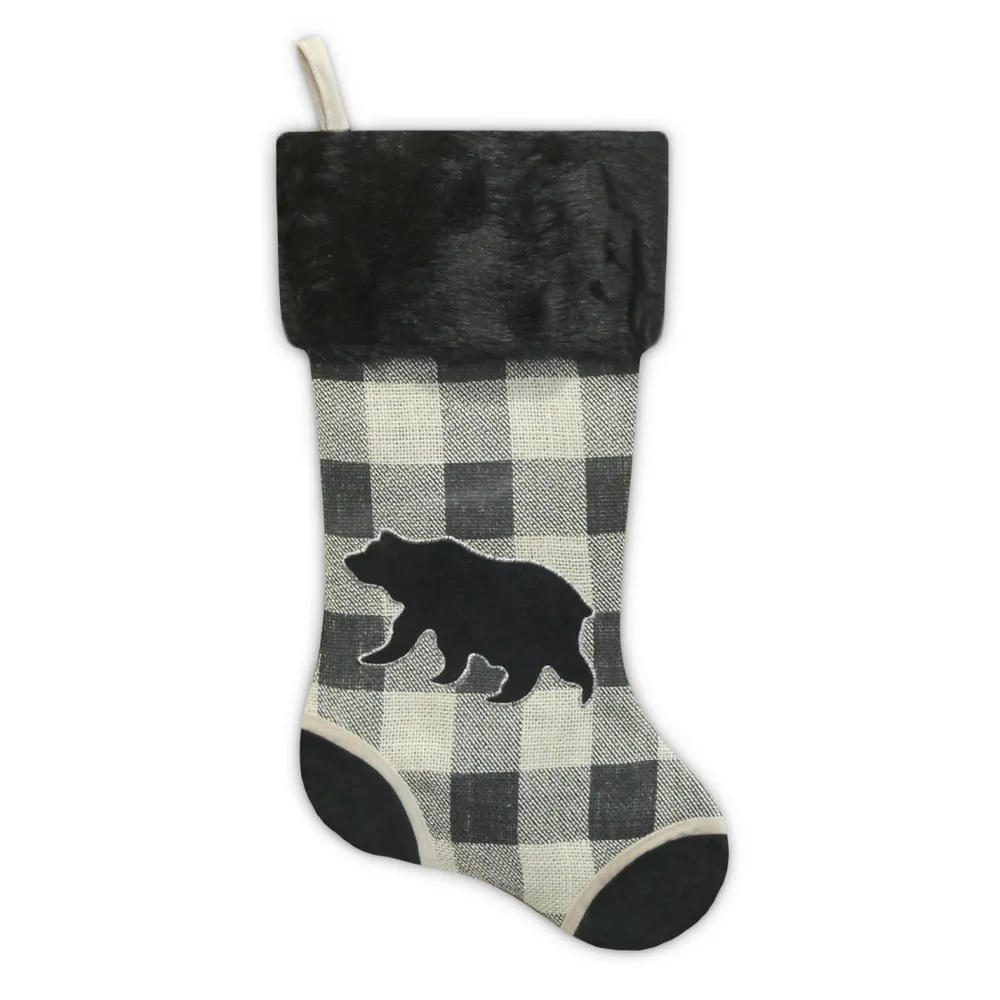 Online Christmas Forever STOCKING 20.5″ BLACK/ CREAM BURLAP PLAID & SUEDE WITH FAUX FUR CUFF- BEAR