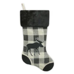 Discount Christmas Forever STOCKING 20.5″ BLACK/ CREAM BURLAP PLAID & SUEDE WITH FAUX FUR CUFF- MOOSE